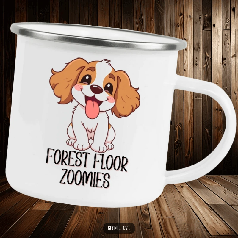 Funny Spaniel Camping Mug: A gleeful dog spinning with delight, tongue happily out, ready for outdoor fun and humor.