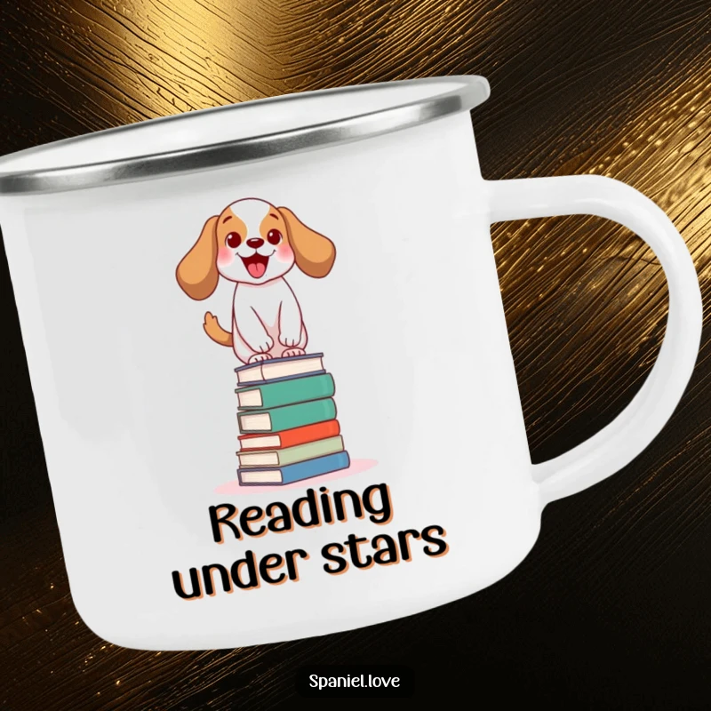 Funny spaniel camping mug showing an excited dog wagging its tail while balancing on a stack of books, perfect for thoughtful sips.