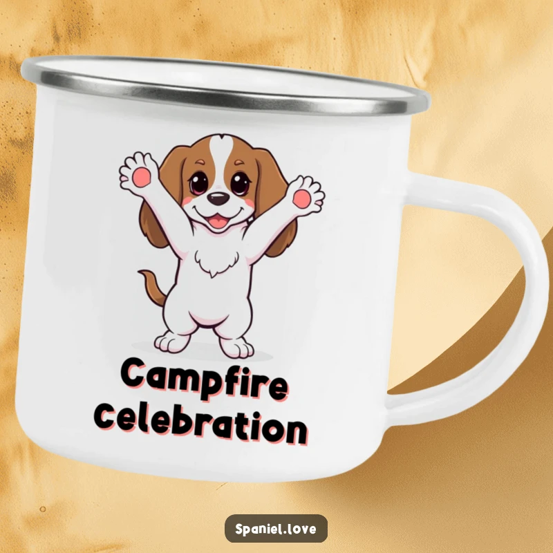 Funny spaniel doing a silly dance with paws in the air on a camping mug, for humorous enjoyment during outdoor festivities.