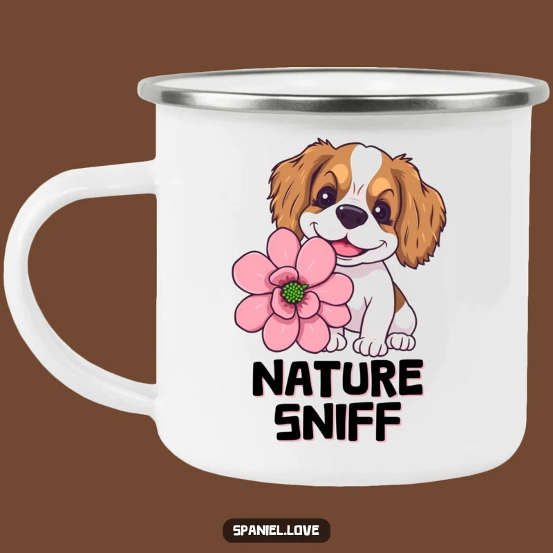 Funny Goofy Spaniel Giant Flower Sniffing Camping Mug: Adventure & Bloom