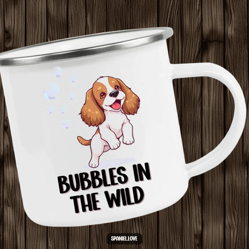 Funny spaniel camping mug showing a happy dog joyfully playing with bubbles, perfect for bubbly outdoor adventures and warm drinks.