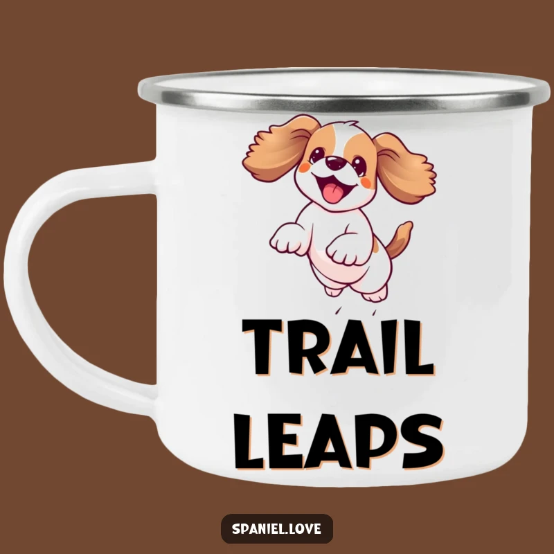 Funny Kawaii Spaniel Camping Mug: Joyful Leap, Floppy Ears, Humorous Outdoor Drinkware