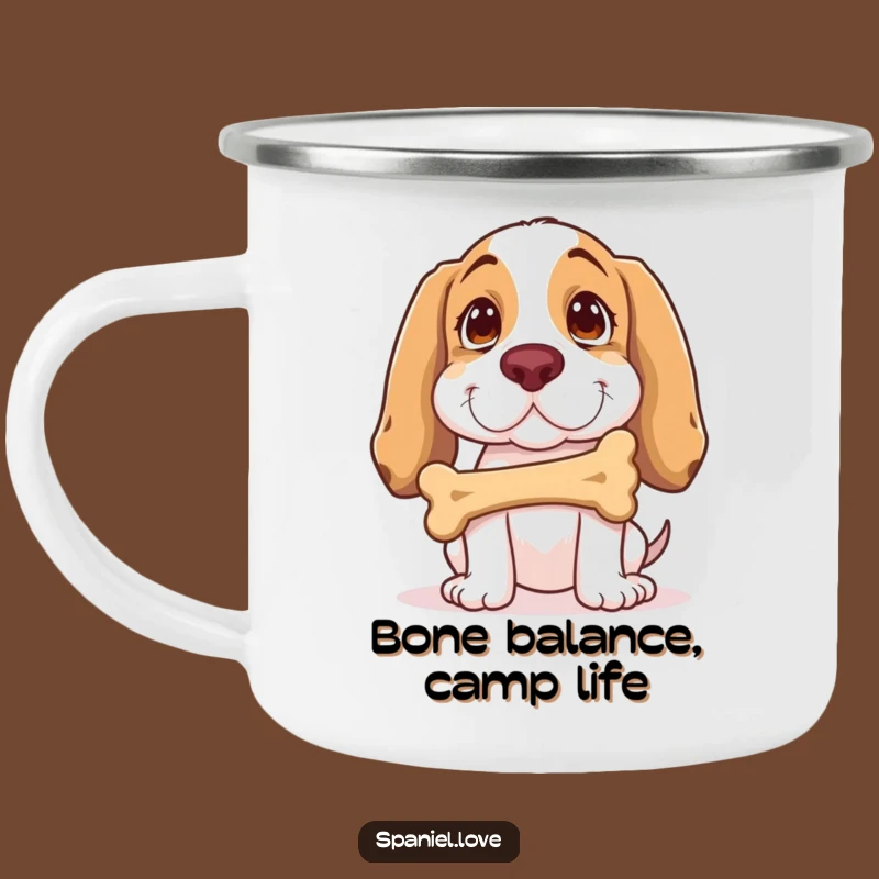 Funny Spaniel Bone Balance Camping Mug: Your Trail Buddy with a Trick