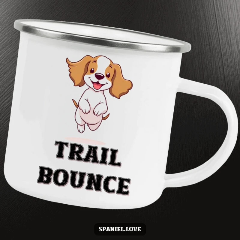 Funny spaniel character joyfully bouncing with ears flapping in the wind on an enamel camping mug, for outdoor happiness.