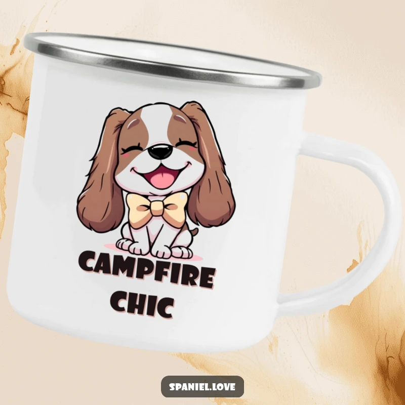 Funny camping mug featuring a delighted spaniel character wearing an enormous bowtie and a playful wink.