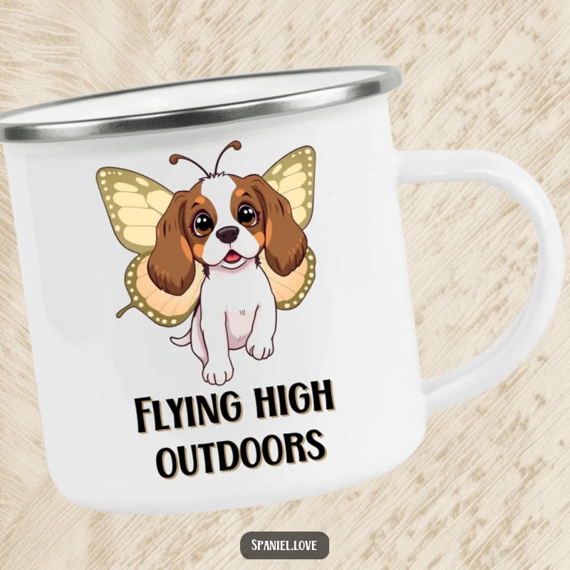Funny spaniel camping mug showing a surprised dog carried by a large butterfly, perfect for whimsical outdoor adventures and warm drinks.