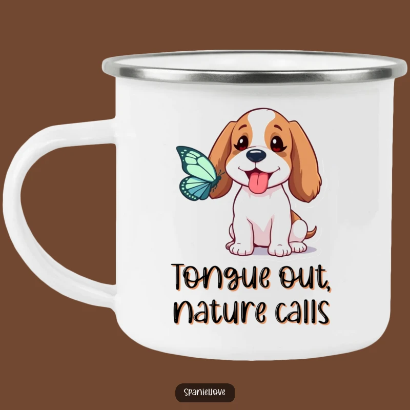 Funny Spaniel Butterfly Chase Camping Mug: Your Playful Trail Companion