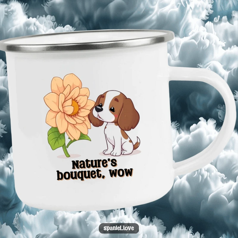 Funny spaniel camping mug showing a curious dog with a head tilt sniffing a huge flower, designed for rugged outdoor humor.