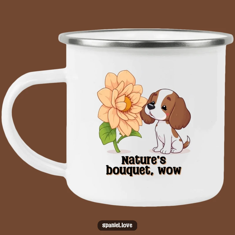 Funny Spaniel Camping Mug: Curious Dog Sniffs Giant Flower by Campfire