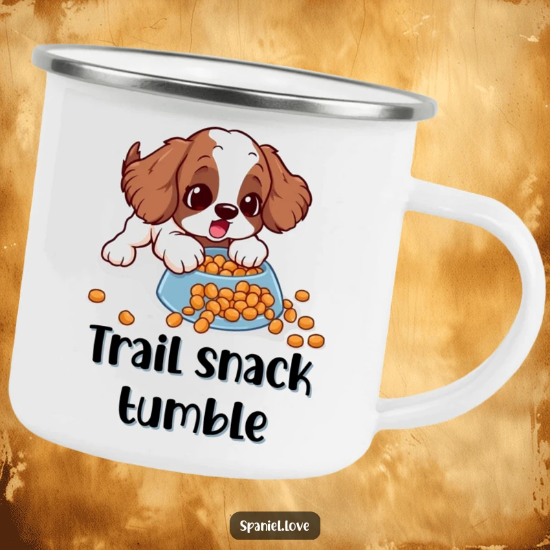 Funny spaniel camping mug showing a surprised dog comically sliding on spilled kibble, designed for rugged humor and outdoor enjoyment.
