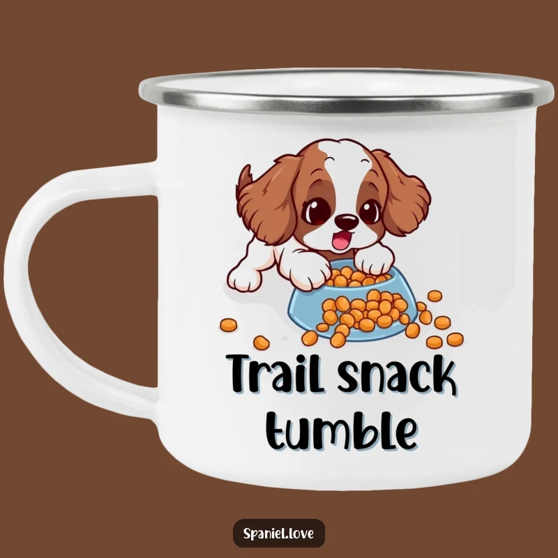 Funny Spaniel Camping Mug: Kibble Slide Surprise on Outdoor Adventure