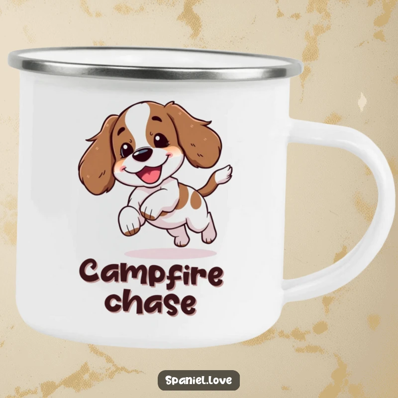Funny spaniel character joyfully chasing its tail with a yip on an enamel camping mug, perfect for outdoor fun.