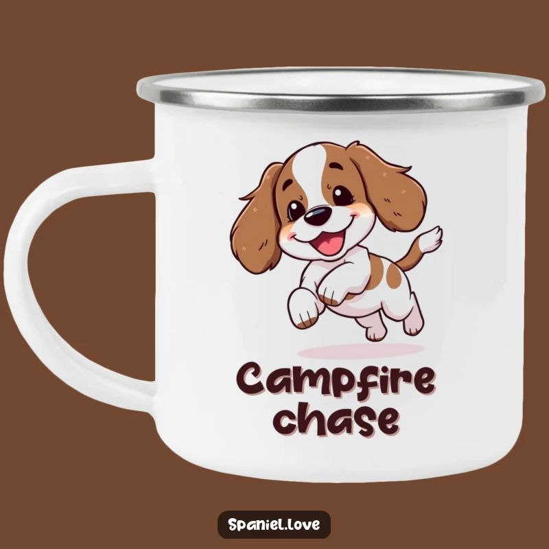Funny Spaniel Chasing Tail Yipping Camping Mug: Adventure & Play