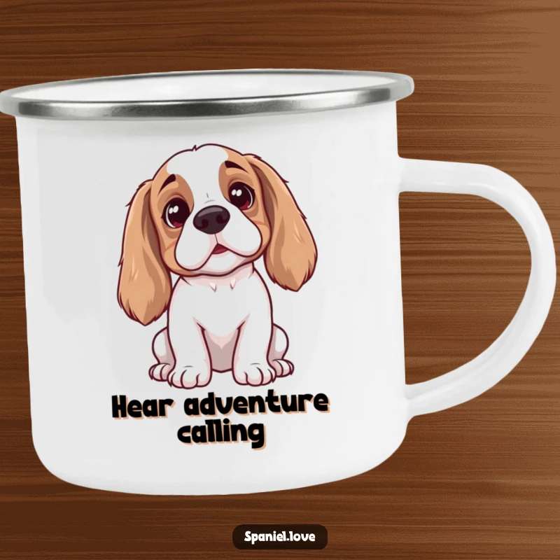 Funny spaniel camping mug with an intently listening dog, perked ears, and curious head tilt, durable and humorous for outdoor use.
