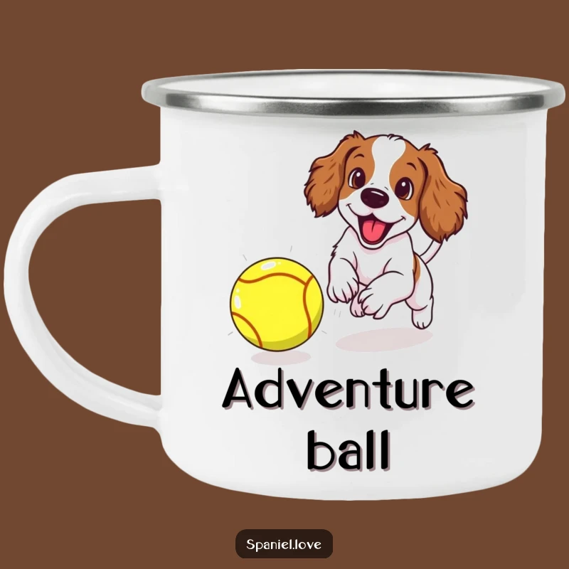 Funny Spaniel Puppy Camping Mug: Chasing Giant Ball, Humorous Outdoor Drinkware