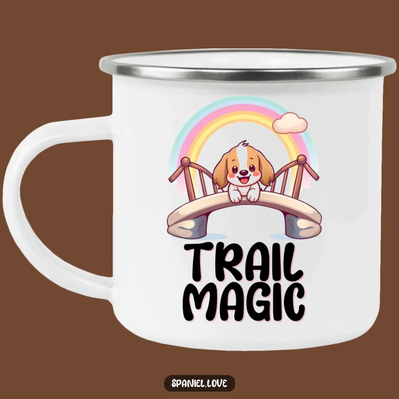 Funny Spaniel Rainbow Camping Mug: Adventure Fuel on a Magical Ride.