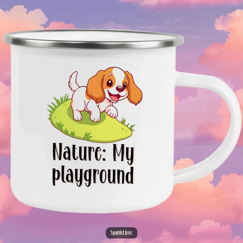 Funny spaniel camping mug featuring a dog joyfully tumbling down a slope, ideal for spirited outdoor fun.