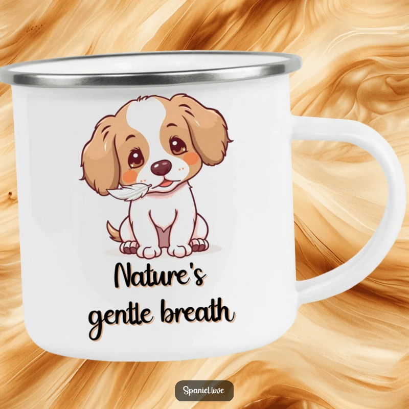 Funny Gentle Spaniel Camping Mug: spaniel blowing a seed, perfect for outdoor sweetness and gifts.