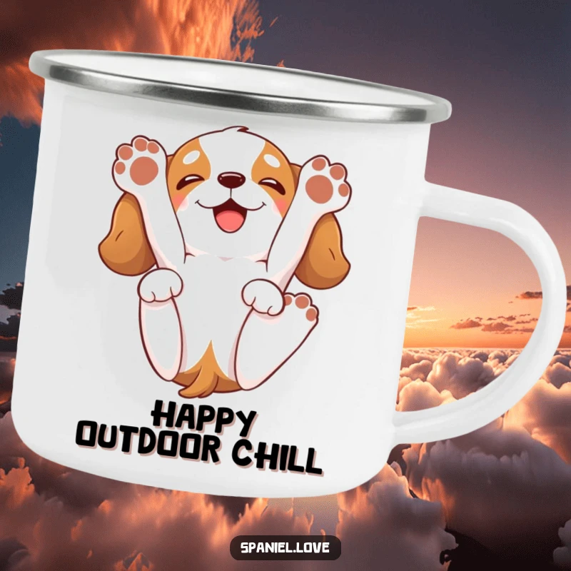 Funny spaniel camping mug with a cartoon spaniel playfully rolling onto its back, paws in the air, with a happy grin.