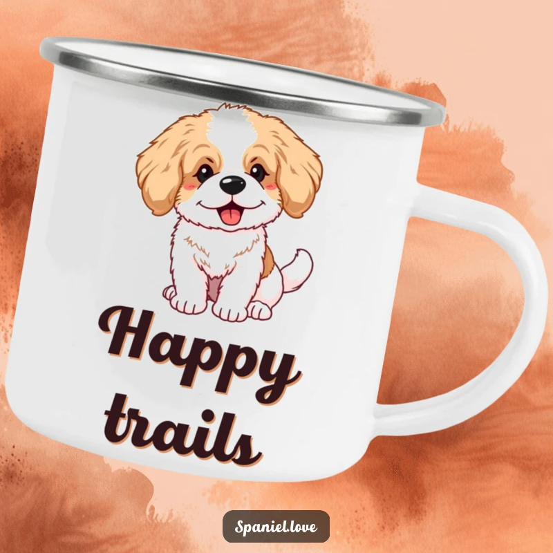 Funny fluffy spaniel puppy with big ears and a wagging tail on an enamel camping mug, ideal for outdoor adventures.