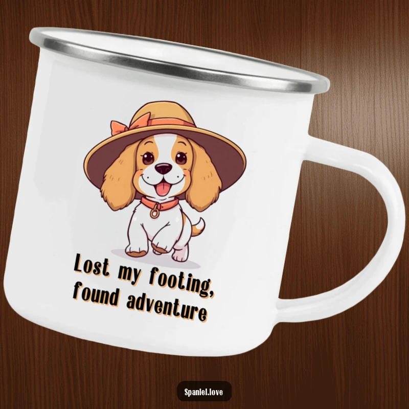 Funny spaniel camping mug, a playful dog tripping in a oversized hat in an outdoor setting, durable and humorous.
