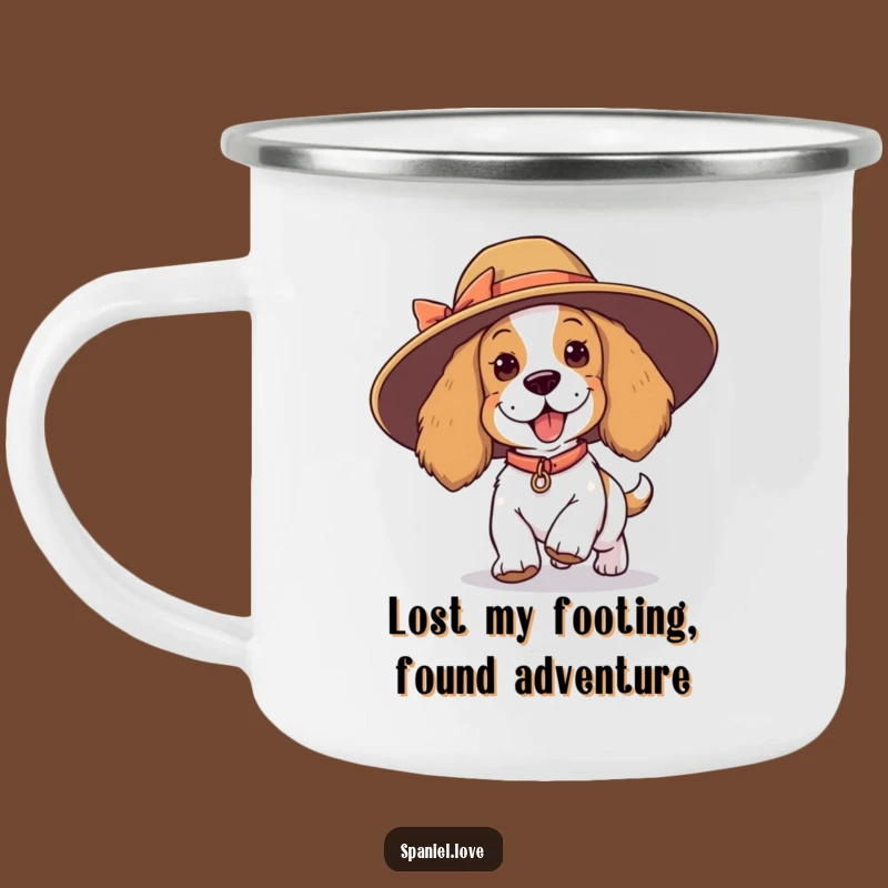 Funny Spaniel Tripping Hat Camping Mug - Playful Adventure, Outdoor Humor