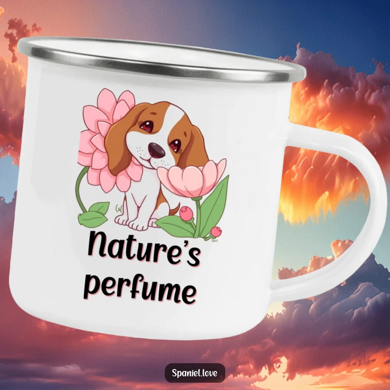Funny enamel camping mug showing a spaniel dog with a tilted head curiously sniffing a giant blooming flower, ideal for outdoor moments.