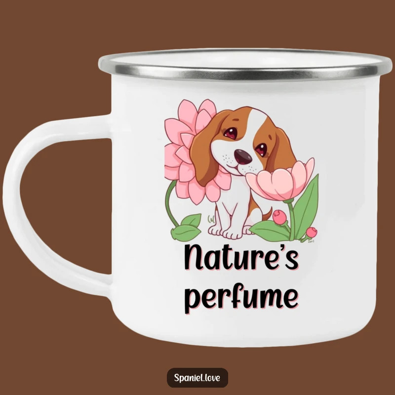 Funny Spaniel Enamel Mug: Curious Flower Sniffing Dog for Outdoor Charm