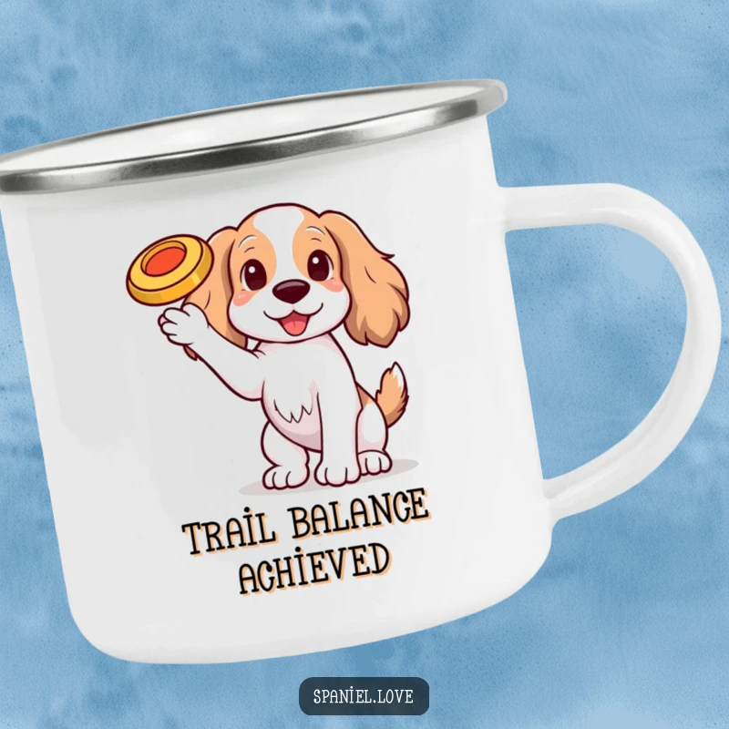 Funny Spaniel dog with one paw raised, balancing a tiny, spinning frisbee on its nose on a camping mug, great for outdoor fun.