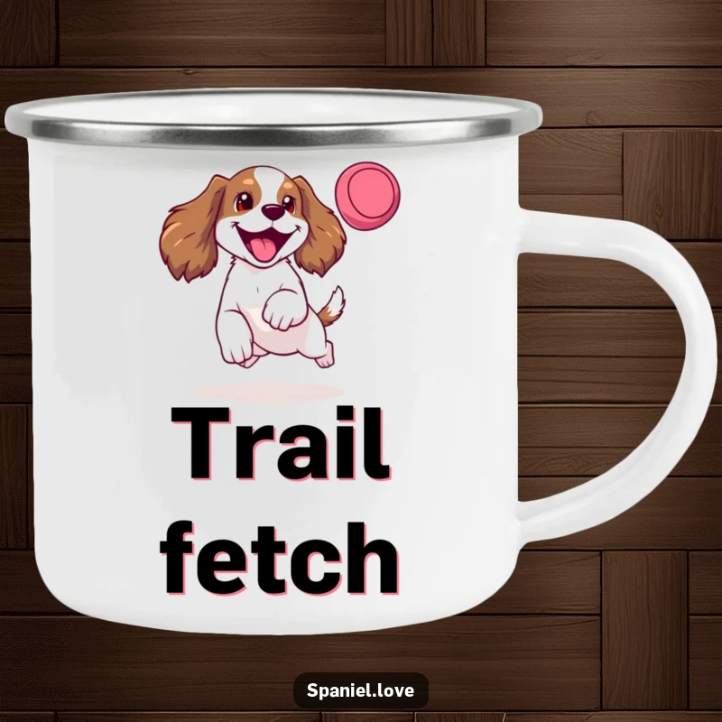 Funny camping mug with a happy spaniel mid-leap for a frisbee, tongue out, perfect for outdoor enjoyment and laughs.