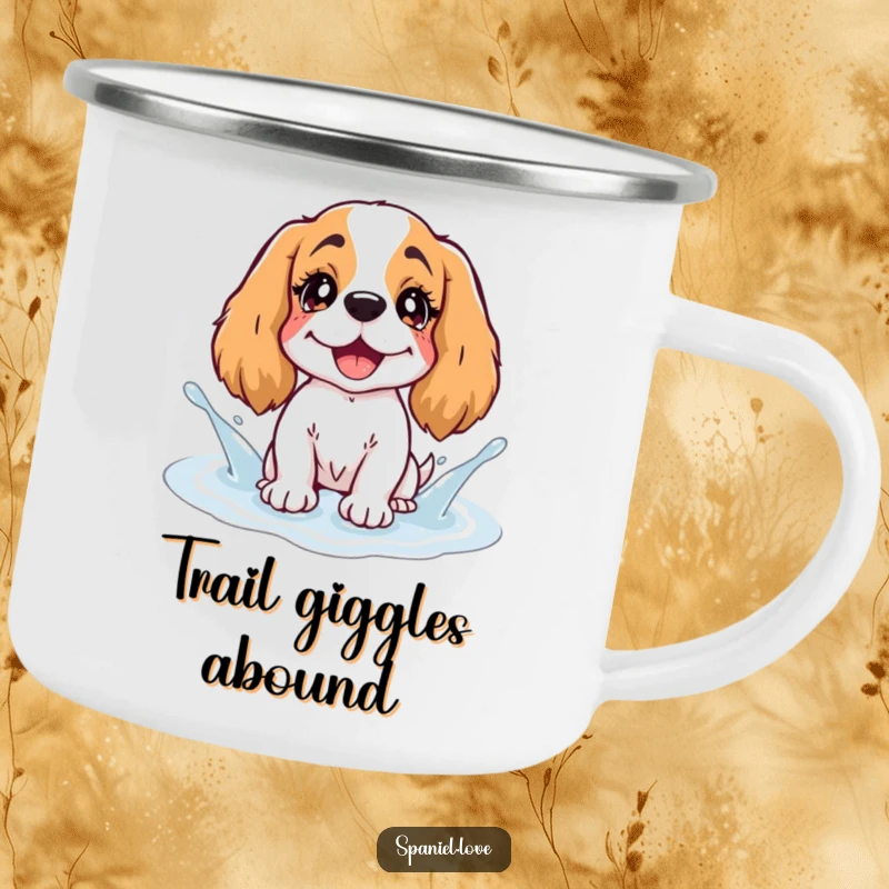 Funny Spaniel Camping Mug: A sturdy mug depicting a spaniel with twinkling eyes splashing enthusiastically in a puddle of giggles.