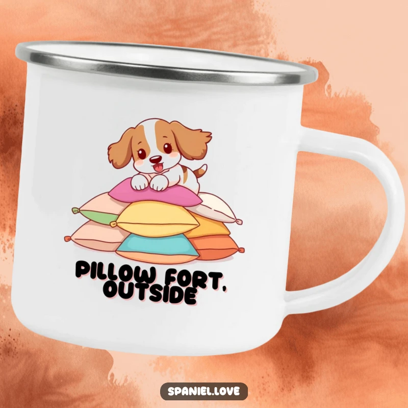 Funny Spaniel Camping Mug depicting a spaniel pouncing on pillows, ideal for outdoor enthusiasts.