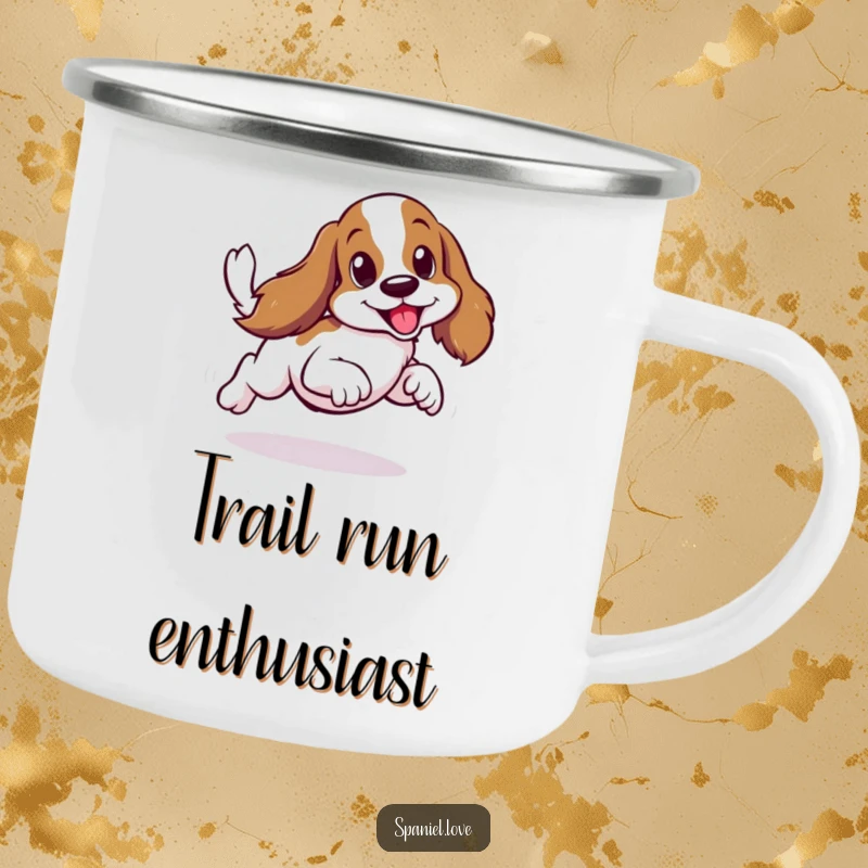 Funny spaniel in a sideways scurry, tail wagging, ready for adventure, on a durable camping mug.