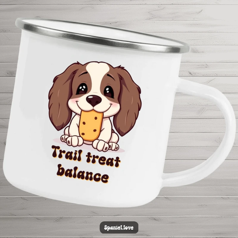 Funny Spaniel Camping Mug: A rugged mug featuring a spaniel with a silly grin balancing a treat on its nose.