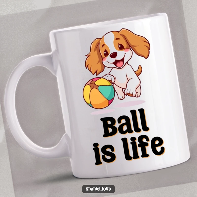 Funny mug featuring a happy spaniel dog with ears flapping wildly as it joyfully chases a colorful, bouncing ball, full of excitement.