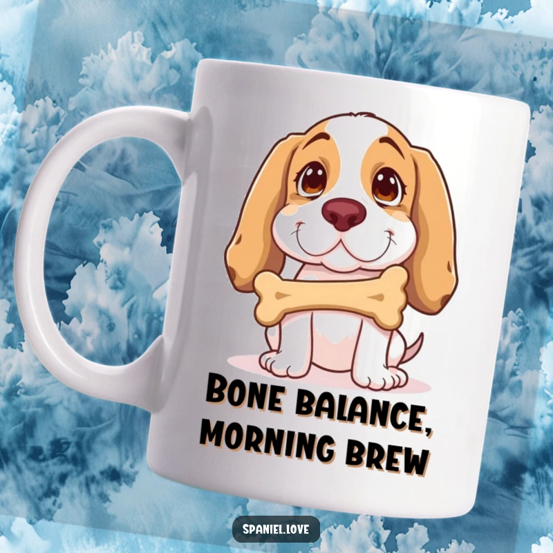 Funny Spaniel Mug: A spaniel dog balances a bone on its nose with intense, playful concentration, looking quite proud.