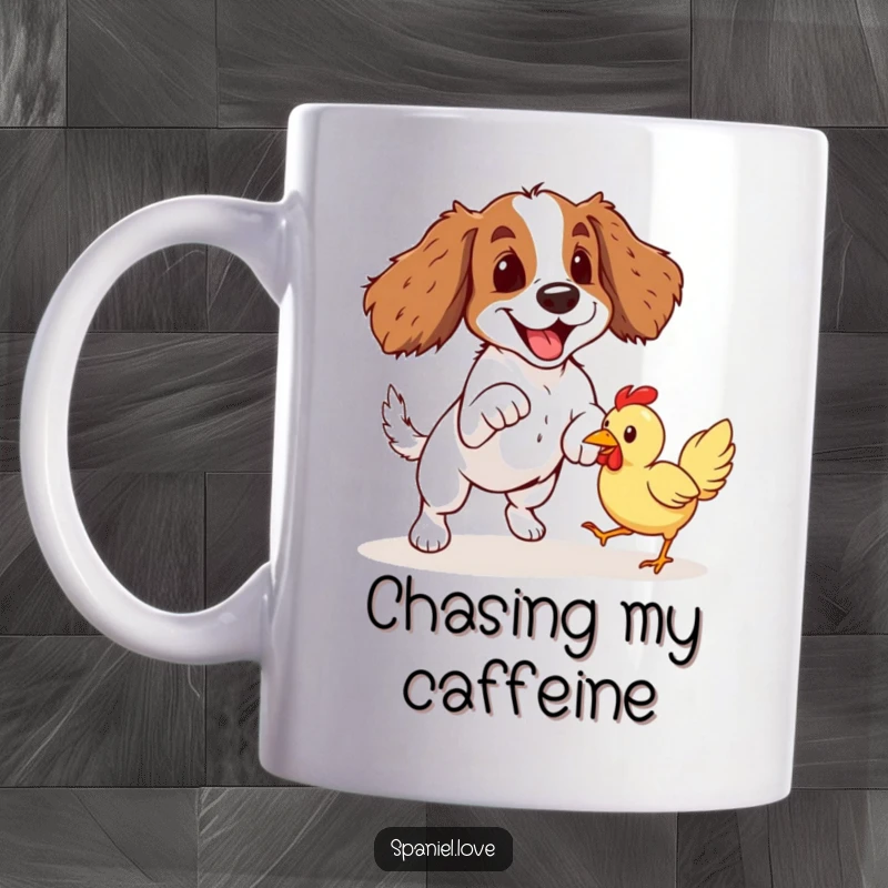 Funny Spaniel Rubber Chicken Pounce Mug: A dynamic spaniel leaps forward, eyes focused on a brightly colored, bouncing rubber chicken.