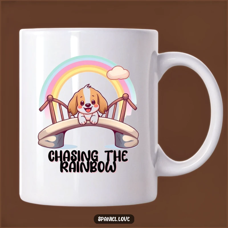 Funny Spaniel Rainbow Slide Mug: Magical Canine Journey Gift for Dreamers.