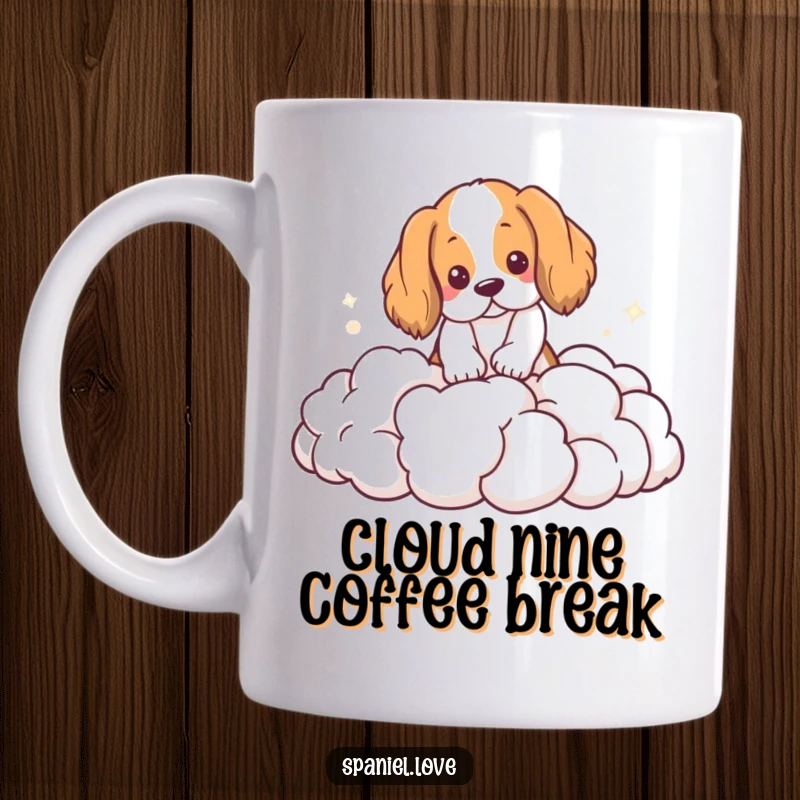 Funny Spaniel Mug: A happy spaniel comically digs into a pile of soft, fluffy clouds with pure joy.