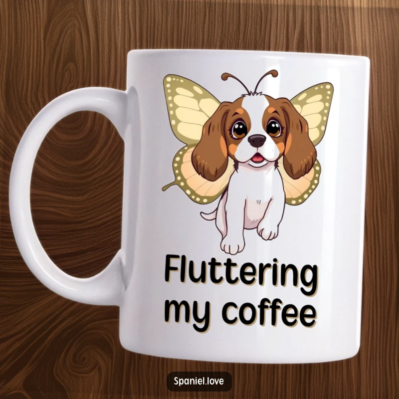 Funny spaniel mug showing a surprised dog gently carried by a large, friendly butterfly, embodying whimsical wonder and gentle adventure.