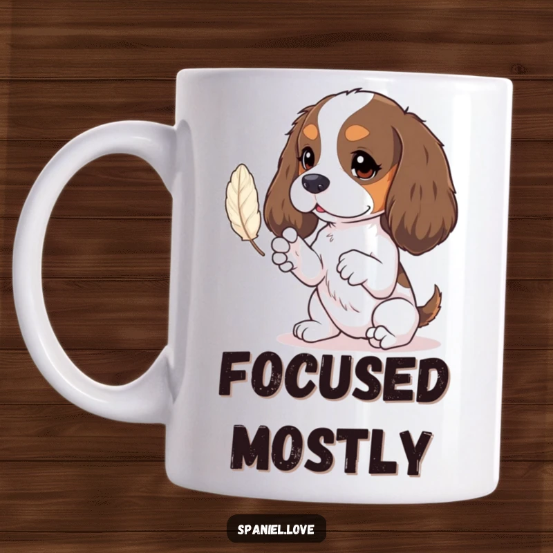 Funny spaniel mug featuring tiny paws playfully batting at a floating feather, capturing sweet, amusing doggy moments.