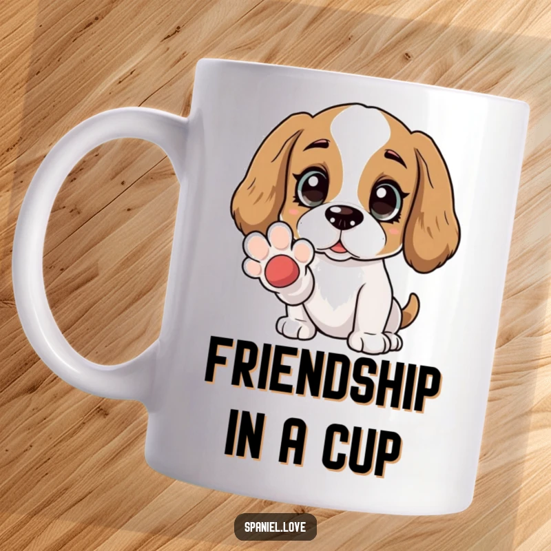 Funny Spaniel mug with a character showing wide, adoring eyes and offering a paw. This design captures unconditional love and a desire for connection.