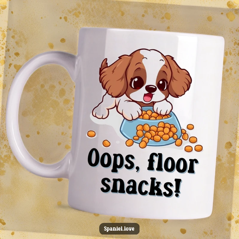 Funny spaniel mug showing a surprised dog comically sliding on a spill of kibble, capturing a moment of unexpected, hilarious chaos.
