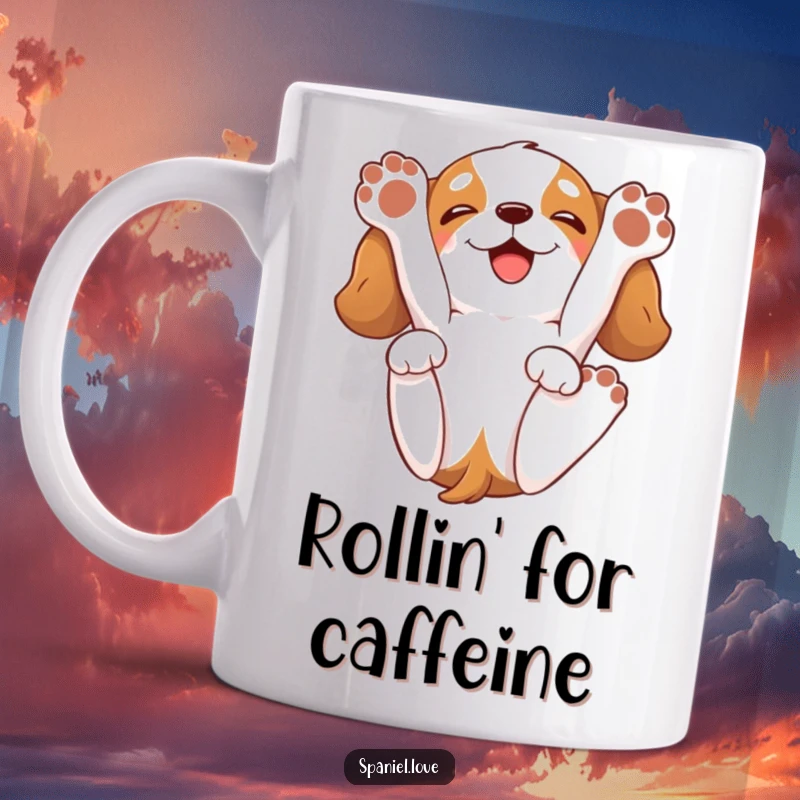Funny spaniel mug with a cartoon spaniel playfully rolling onto its back, paws in the air, sporting a huge happy grin.