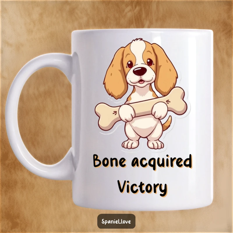 Funny Spaniel Mug: A proud spaniel carries an extremely large bone, looking very pleased with its prize.