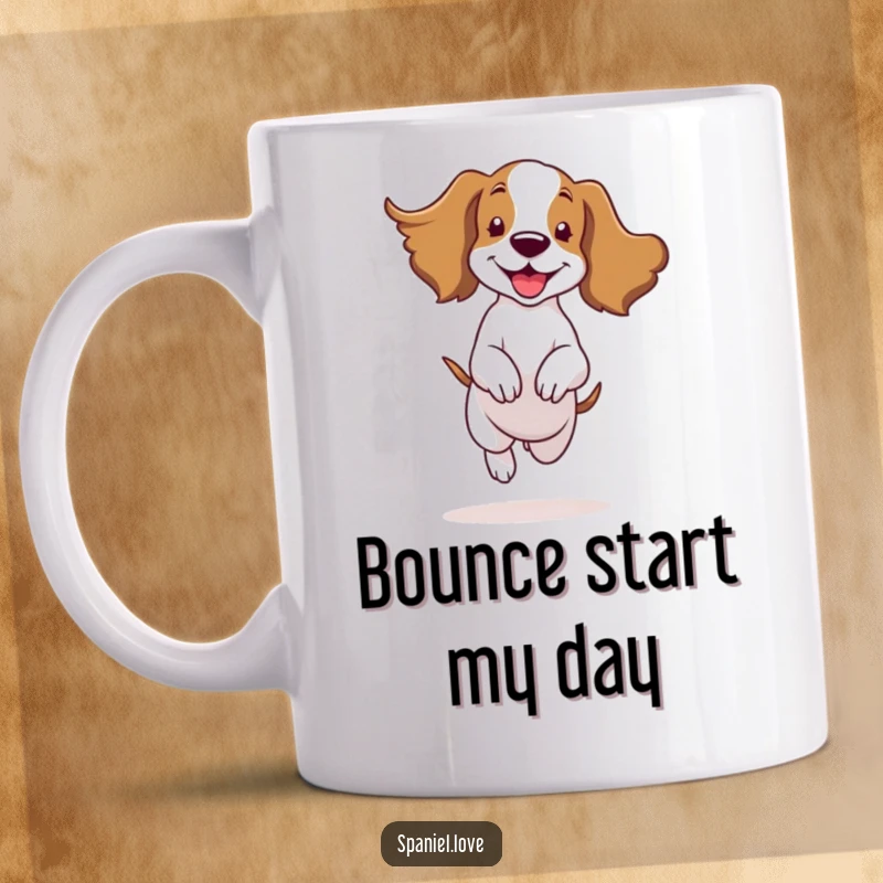 Funny spaniel character happily bouncing with its ears flapping wildly in the wind on a mug, showing pure joy.
