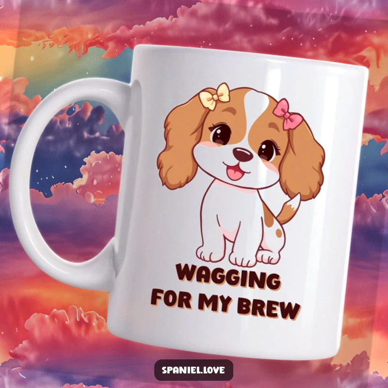 Funny mug featuring an adorable spaniel with floppy ears decorated with tiny bows, its tail wagging enthusiastically.