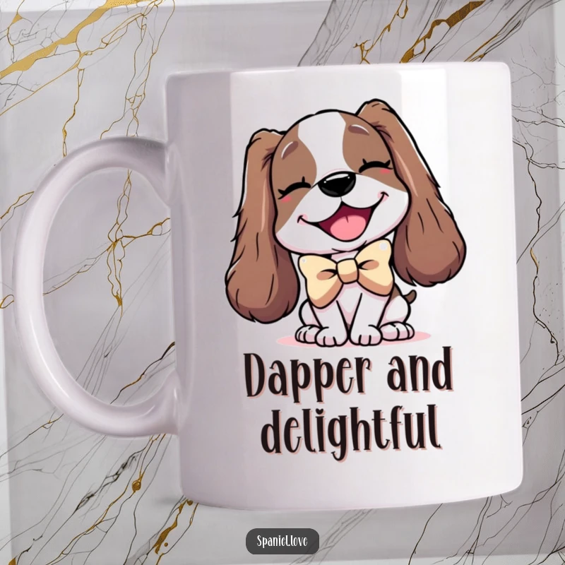 Funny mug featuring a delighted spaniel character wearing an enormous, stylish bowtie and giving a charming wink.