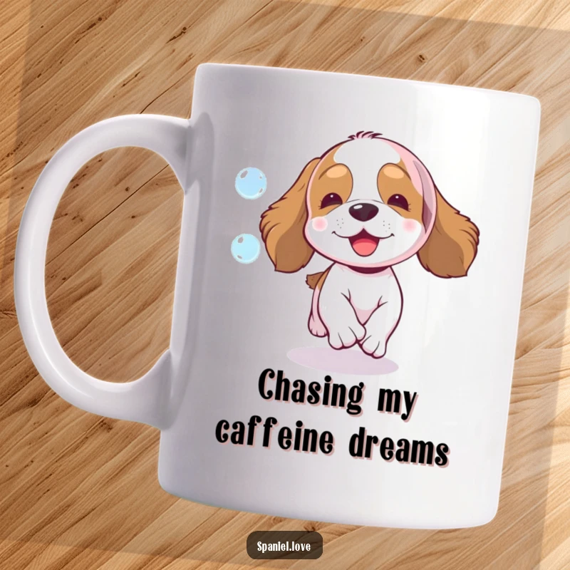 Funny spaniel mug, an enthusiastic dog joyfully chasing a floating, sparkling bubble with its tongue out, pure happiness.