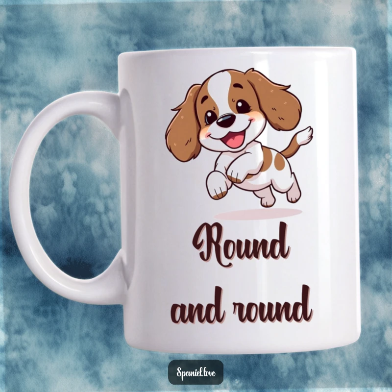 Funny spaniel character happily chasing its tail with a loud yip on a mug, capturing playful dog energy.